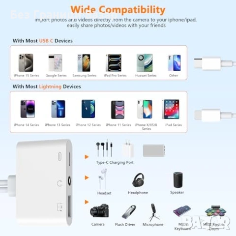 Нов USB C Lightning 3 в 1 Адаптер OTG USB 3.5мм Аудио Бързо Зареждане, снимка 5 - Друга електроника - 53834690