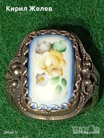 Винтидж сребърен пръстен филигран гранулация ръчно рисуван емайл 17131, снимка 4 - Пръстени - 54027853