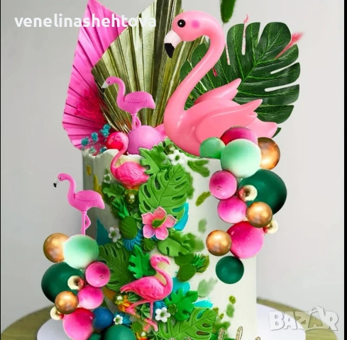 26 броя комплект голямо малко фламинго топчета листа хавайски топер декорация торта , снимка 2 - Други - 54217207