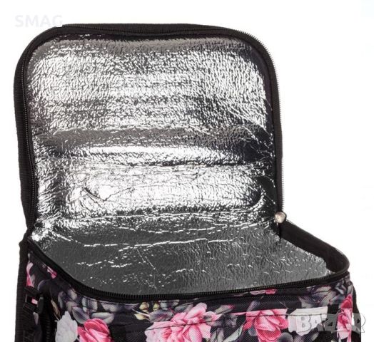 Изотермална чанта правоъгълна черна на цветя с цип 25x18x16см, снимка 2 - Хладилни чанти - 46392777