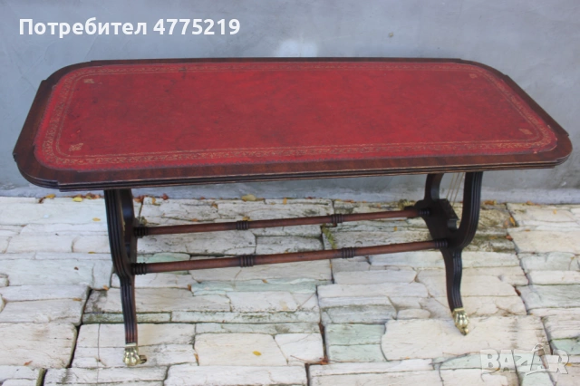 Стилна маса с кожен плот и месингови колелца- лира дизайн, махагон, снимка 2 - Маси - 53948807