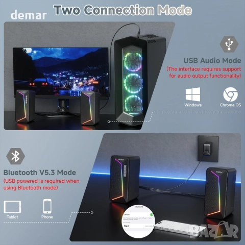 SOULION компютърни високоговорители, USB C/USB захранвани, цветна LED светлина, стерео 2.0, снимка 4 - Слушалки и портативни колонки - 54107409