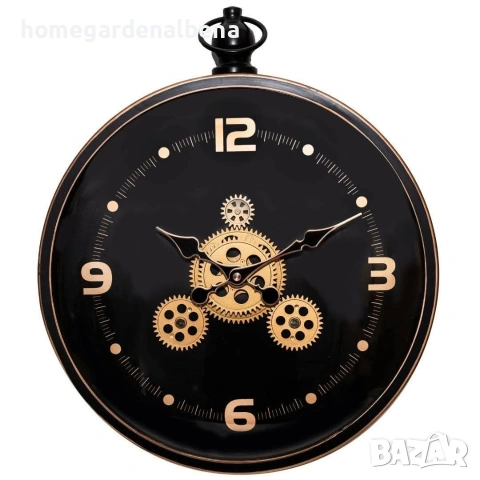 Стенен часовник Steampunk Ø37 см — черен с златисти зъбни колела, индустриален декор