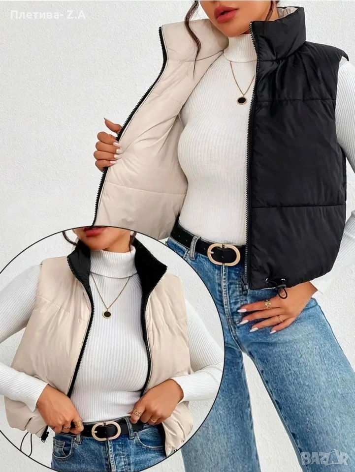 Двулицев дамски елек – черен / бежов, снимка 1