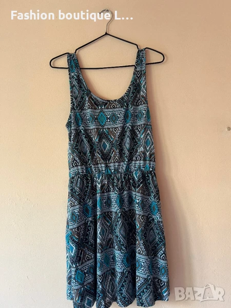 Тюркоазена рокля с ластик в талията и подплата на геометрични фигури тип индианска плетка 👗 , снимка 1
