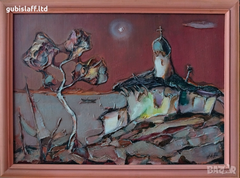 Картина, пейзаж, църква, море, худ. Н. Ханзъров, 1999 г., снимка 1