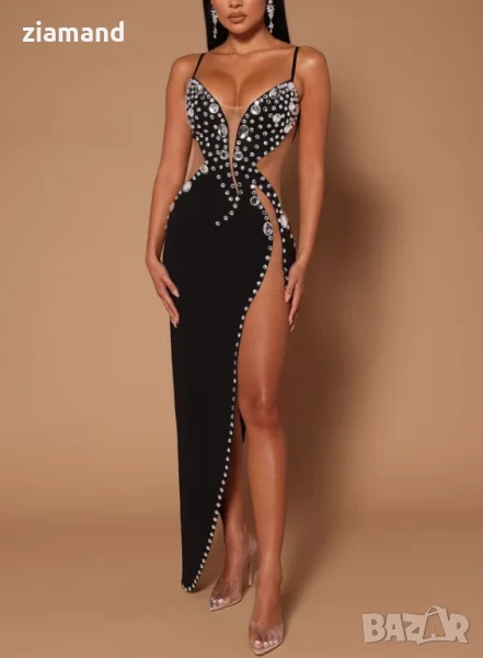 Официална черна дългa рокля с камъни, снимка 1