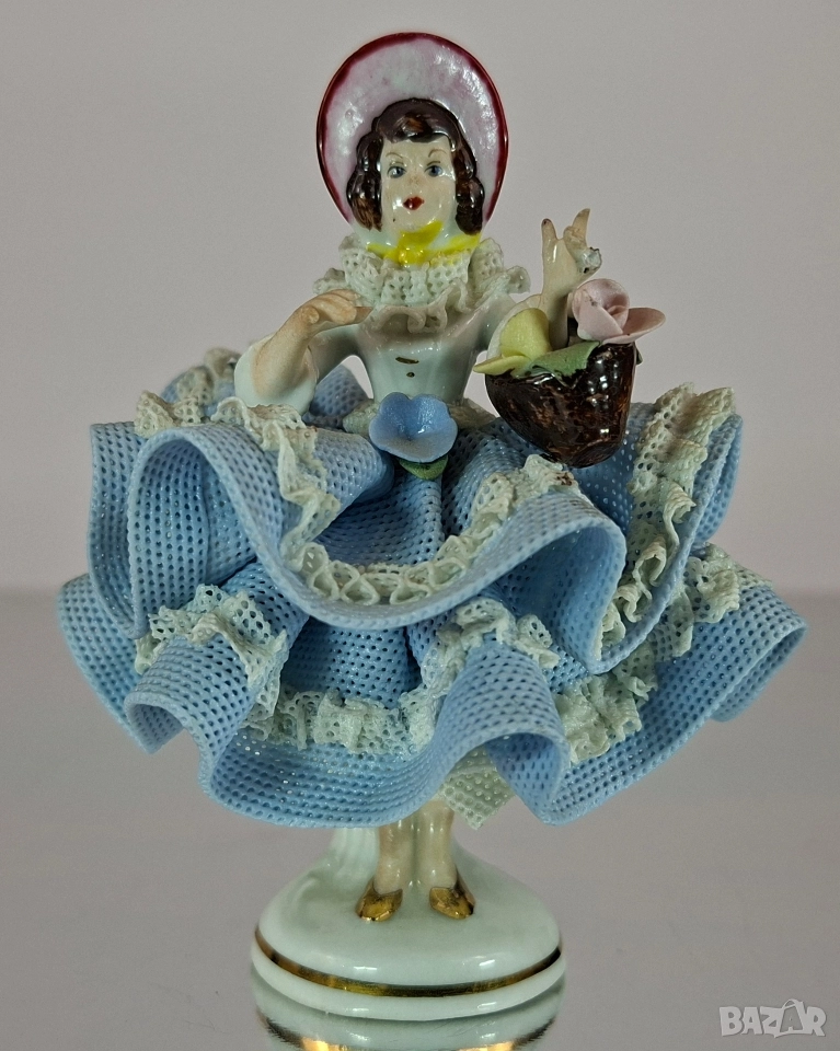 Порцеланова балерина със синя рокля и кошница - Sandizell, Dresden, снимка 1