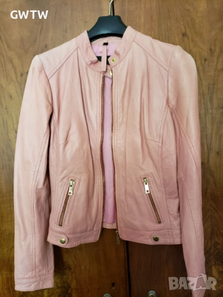 Яке от естествена кожа, розов цвят, снимка 1