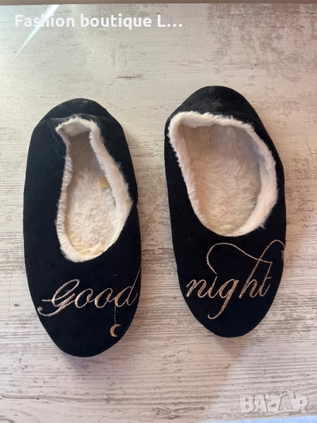 Домашни дамски пухени пантофки тип балеринки в черен цвят с надпис Good Night 🖤, снимка 1