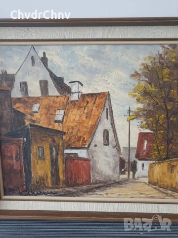 53х45см/малка стара картина масло върху платно/градски пейзаж/малка улица-къщи/дървена рамка, снимка 2 - Картини - 51192912