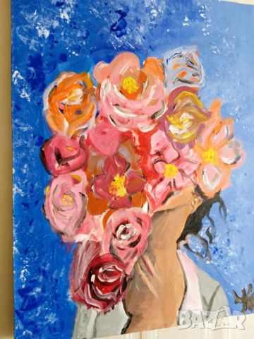 картина с маслени бои Дама с цветя, снимка 2 - Картини - 45543381