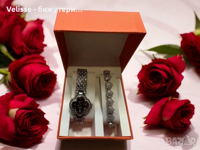 Комплект часовник + гривна – Луксозен стил с камъни Налични 5 варианта , снимка 2 - Бижутерийни комплекти - 52921533
