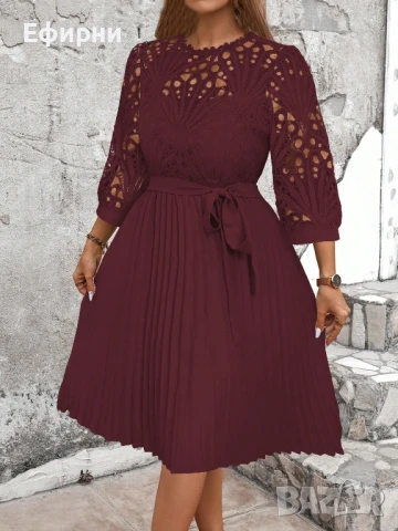 Рокля с дантела, Миди рокля, Рокля бордо, Елегантна рокля, снимка 3 - Рокли - 50977208
