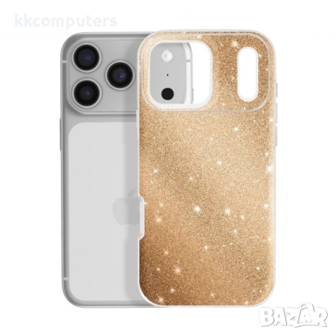 Силиконов кейс bSmart Glitter 3в1 за iPhone 17 Pro Max (6.9) златист и Протектор, снимка 4 - Калъфи, кейсове - 54157910