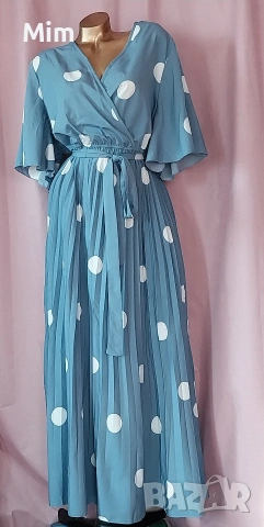 3XL Синя,дълга рокля солей на бели точки, снимка 3 - Рокли - 53741809