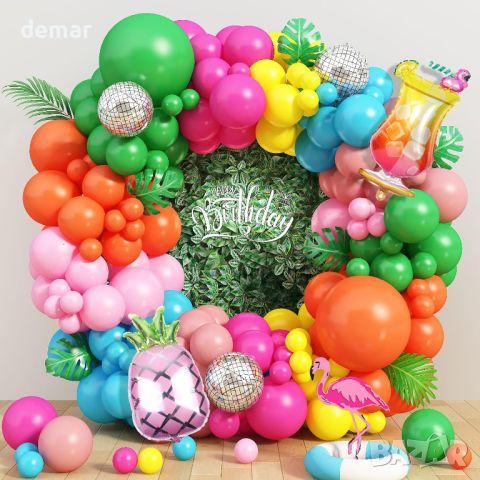 Тропически комплект арка с цветни балони, балони от фолио ананас, 132 бр., лятна декорация за парти, снимка 1 - Други - 46446262