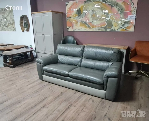 Сив кожен диван тройка, снимка 7 - Дивани и мека мебел - 51951655