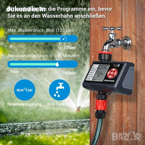 Автоматичен таймер за напояване, 4 поливки на ден, Rain Delay, Eco режим, ръчен старт, 1 вход, снимка 3 - Градински инструменти - 52412359