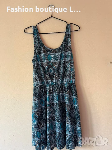 Тюркоазена рокля с ластик в талията и подплата на геометрични фигури тип индианска плетка 👗 