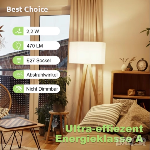 E27 LED крушка, клас A, 2.2W, 470LM, топла бяла - 6 броя, снимка 3 - Крушки - 52918654