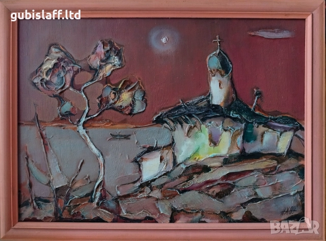 Картина, пейзаж, църква, море, худ. Н. Ханзъров, 1999 г.