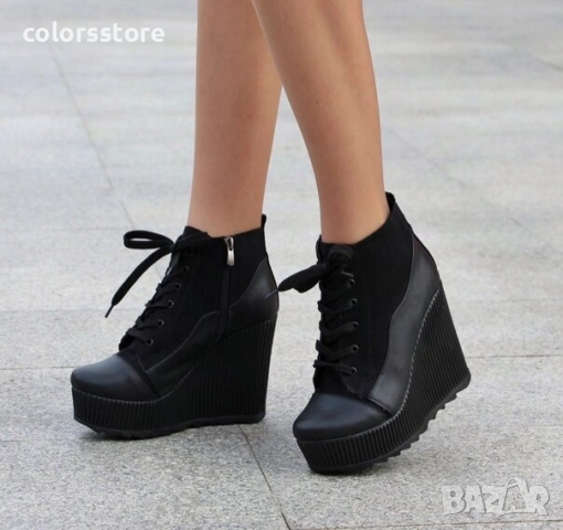 Боти на платформа - черна кожа и велур - NO5 