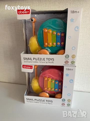 Охлювче за дърпане - 4 в 1 - ксилофон - в розов и зелен цвят, снимка 6 - Образователни игри - 51119479