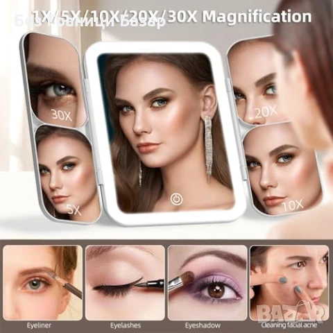 Нова Грим огледало със светлини, увеличение 30X, 3 цвята LED за жени, снимка 4 - Други - 50636696