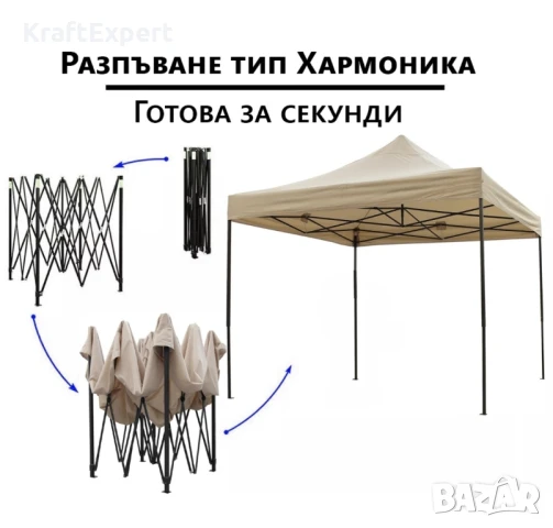 Сгъваема Шатра ЛУКС Бежов 3×3м – подсилена конструкция, UV и водоустойчив плат, снимка 4 - Градински мебели, декорация  - 50484527