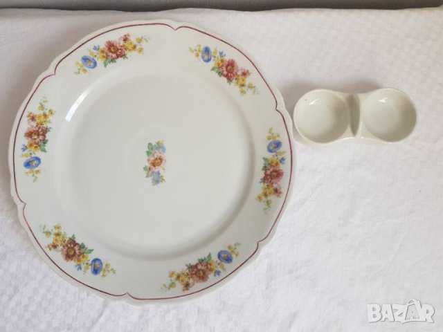 Голяма порцеланова чиния и солник, снимка 1 - Антикварни и старинни предмети - 46280001