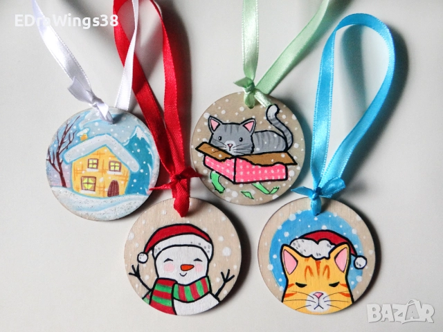 Дървени коледни играчки Ръчно рисувани Украса за елха, снимка 2 - Коледни подаръци - 27273229