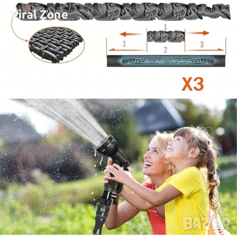 Гъвкав разтеглив градински маркуч 30м – Пълен комплект с пистолет (7 функции) и конектори, снимка 12 - Напояване - 53480270