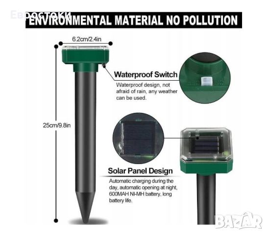 Комплект от 4 броя соларни ултразвуки уреди срещу къртици, змии, гризачи, мишки, къртици, щурци, снимка 3 - Други - 46228630