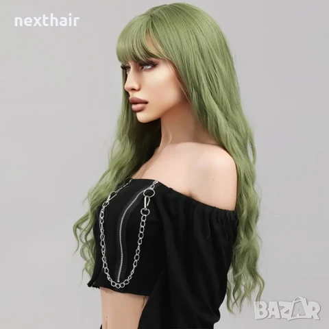 Зелена аниме къдрава перука с бретон, снимка 7 - Аксесоари за коса - 50479162