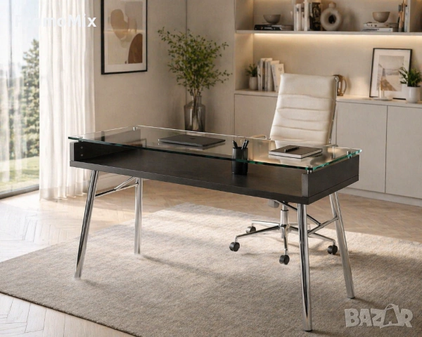 Бюро Flash Furniture Brettford NAN-JN-2966-GG Бюро с плот от закалено стъкло Работна маса Офис бюро 