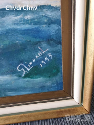 Lindahl 110х74см/стара голяма картина масло върху фазер/морски пейзаж/кораб/1943г/дървена рамка, снимка 7 - Картини - 50703313