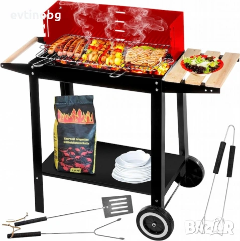 Градинско барбекю на колела, емайлирана стомана, 4 степени + Подарък 3 прибора, снимка 5 - Барбекюта - 53769215