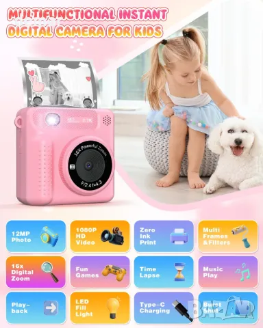 TERRAMUS Kids Camera Instant Print, 12MP 1080P цифров фотоапарат за деца на възраст 3-12 години, снимка 3 - Образователни игри - 47029274