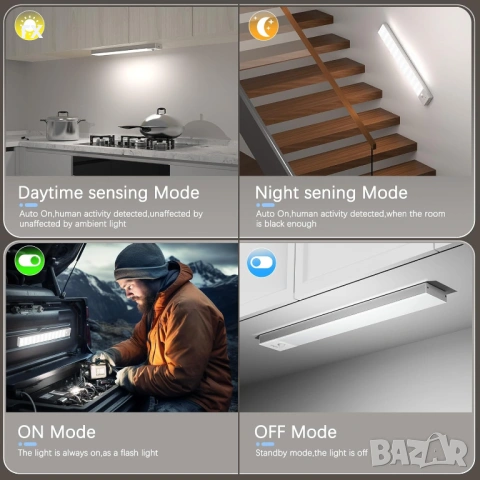 Лампи с датчик за движение на батерии, снимка 2 - Лед осветление - 53490861