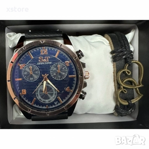 Мъжки часовник S&T Seek Time с кожена гривна – подаръчен комплект, снимка 5 - Мъжки - 52790940