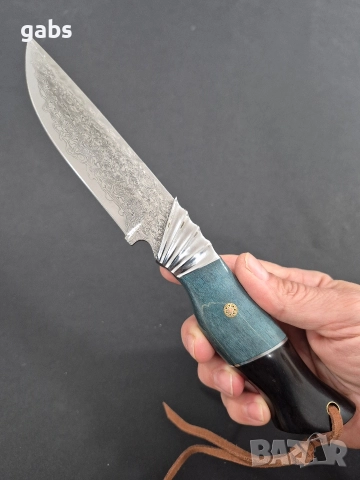 Ловен нож дамаска VG10 стомана,уникална дръжка и кожена кания,LN436, снимка 11 - Ножове - 52950791