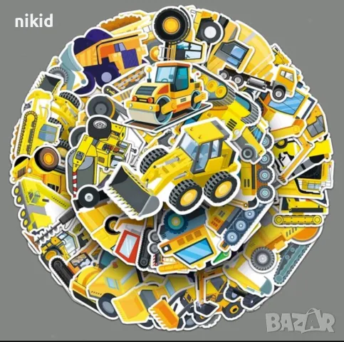 50 бр Багер Камион строителни машини самозалепващи лепенки стикери за украса декор картонена торта, снимка 7 - Други - 46564754