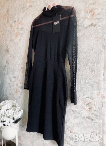 Елеганта черна рокля по тялото еластична с тюлен гръб и ръкави секси за повод 38 S/M- M, снимка 3 - Рокли - 45714037
