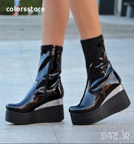 Боти на платформа - черен лак с бронз брокат и черно ходило - 121K