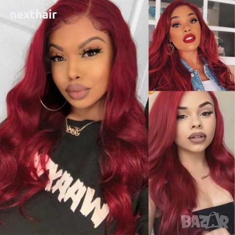 60 см червена чуплива перука с дантела  4*1