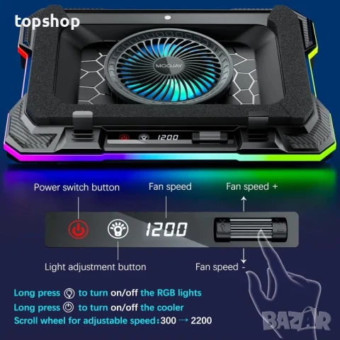 охлаждаща подложка за лаптоп с RGB светлини за лаптопи 14 - 19 инча с 8 регулируеми височини..., снимка 6 - Лаптоп аксесоари - 50553818