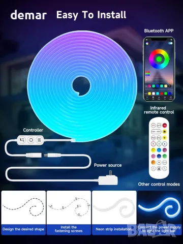 Tyute LED неонова лента, 5m RGB, дистанционно, APP, водоустойчива гъвкава 24V, снимка 6 - Лед осветление - 47001116