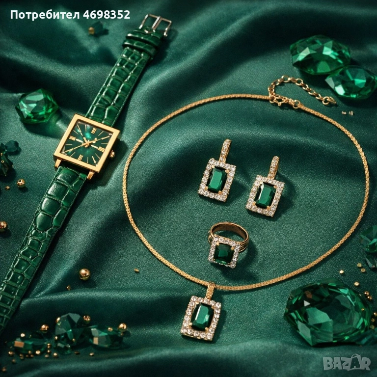 Елегантен комплект часовник и бижута с зелени кристали и златист корпус, снимка 1