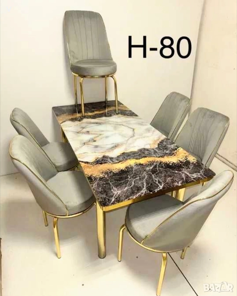 Комплект трапезна кухненска маса + 6 броя черни стола , снимка 1